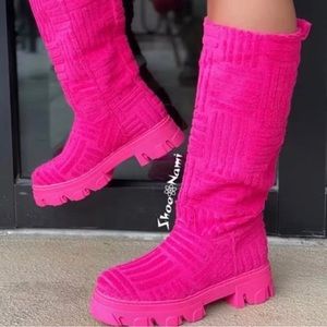 Fuchsia Pink Fabric Knee-High Comfy Chunky Lug Sole Boots, Size 9